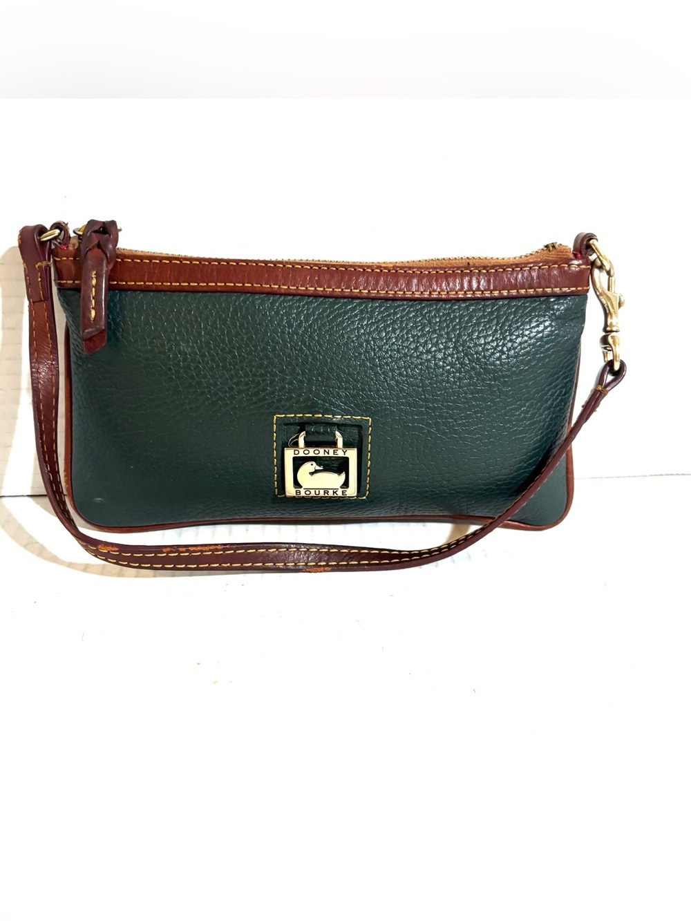 Dooney & Bourke Forest Green Pebbled Leather Wristlet with Brown Trim